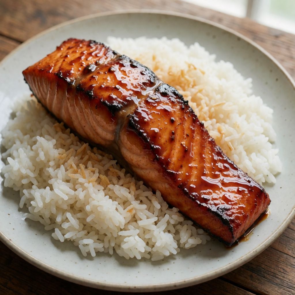 BBQ Salmon with Garlic Rice and Green Beans