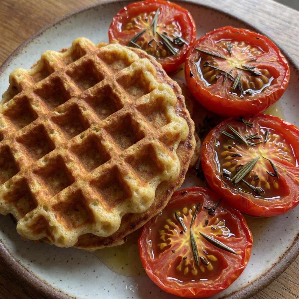 Chickpea Waffles with Roasted Tomatoes and Burrata