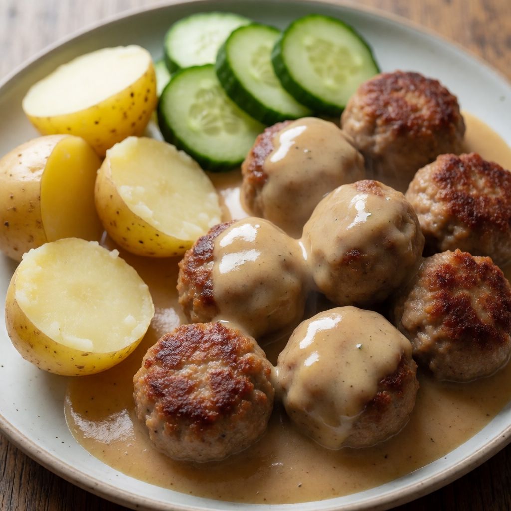 Кюфтета със сос, краставица и картофи