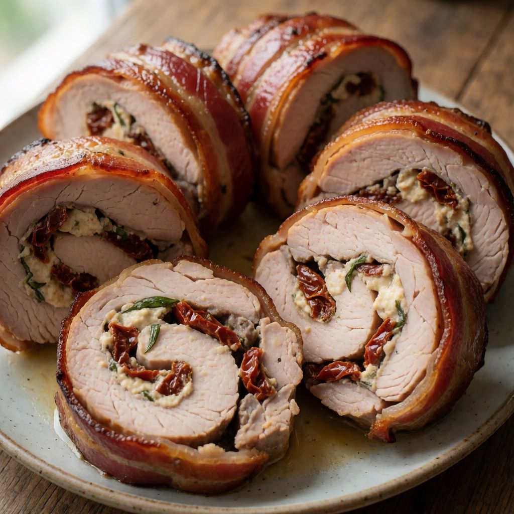 Turkey Breast Roulade, Roasted with Bacon, Garlic, Tomatoes and Basil
