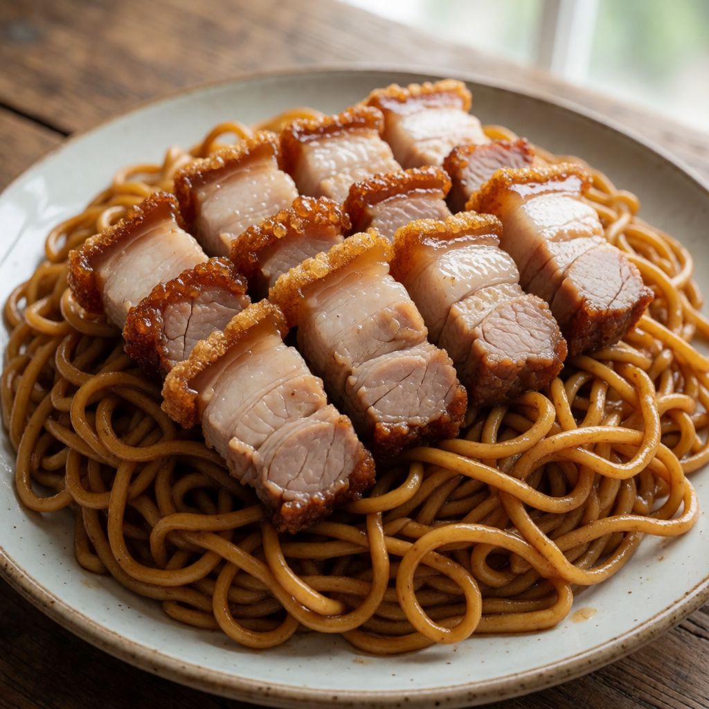Crispy Pork Belly with Caramelised Onion and Asian-Style Noodles