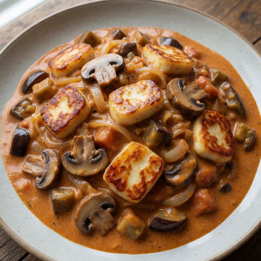 Halloumi Stroganoff with Mashed Potato