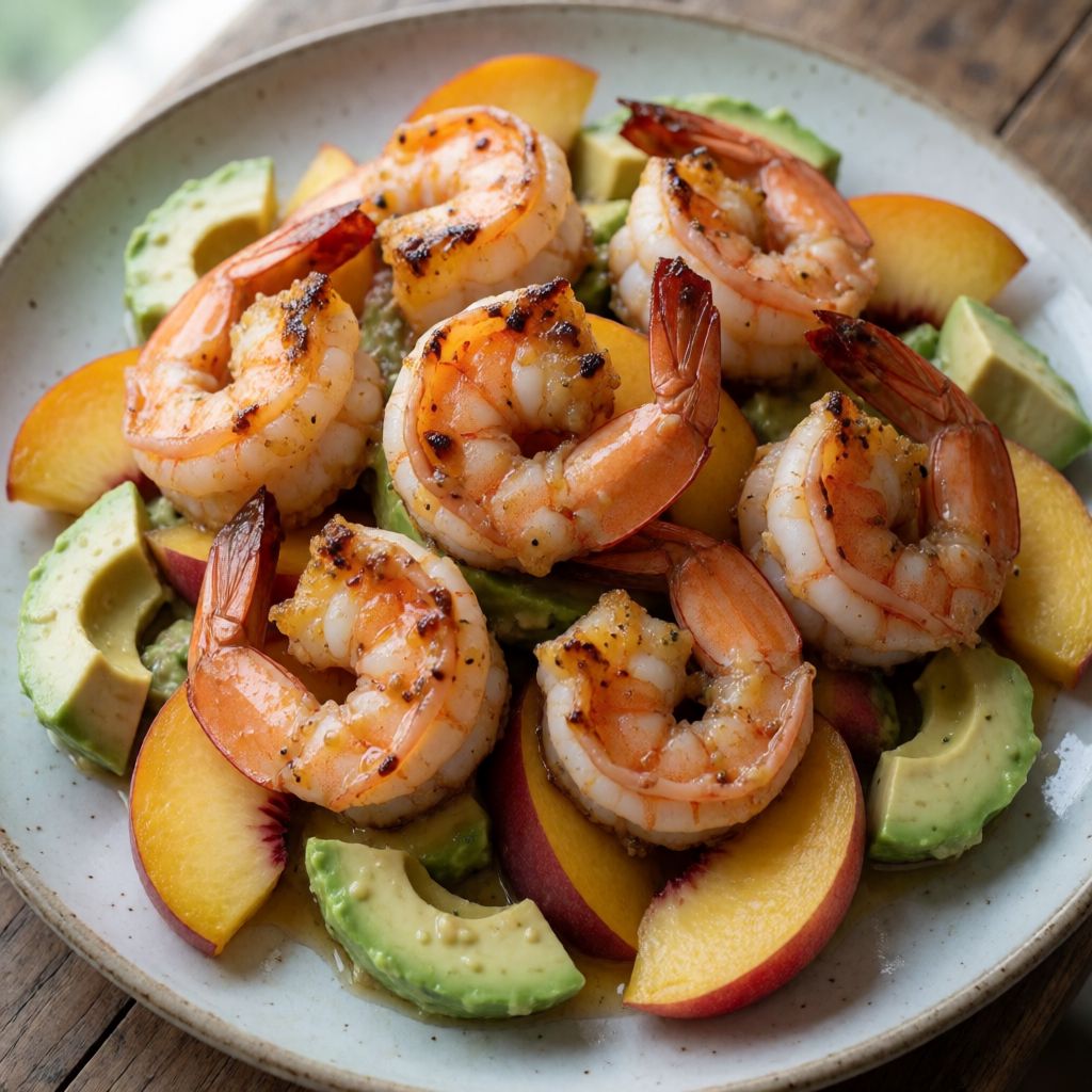 Grilled Garlic Prawns with Nectarine and Avocado Salad