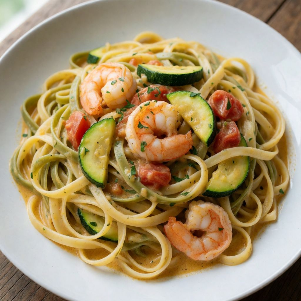 Pasta med reker, squash og karri