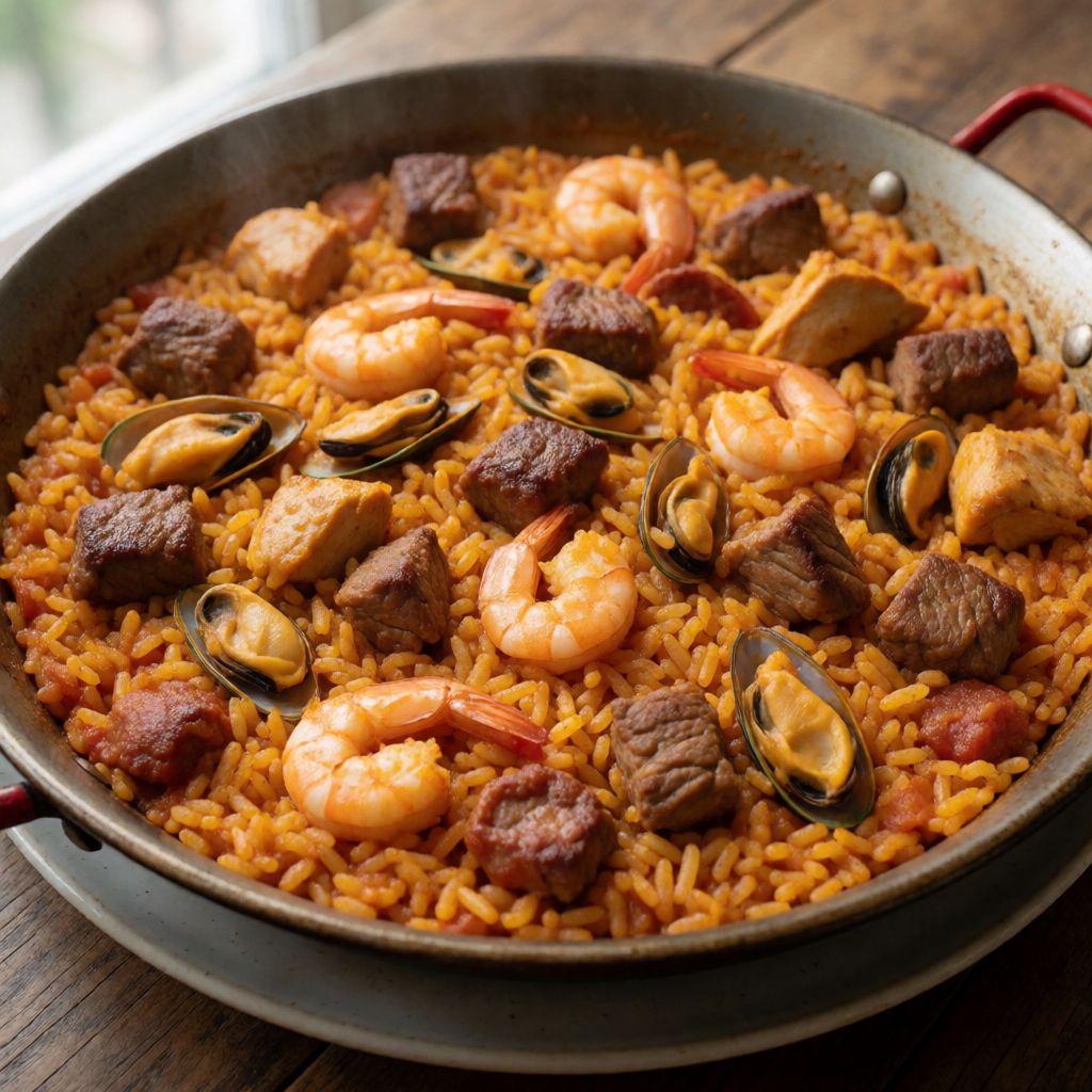 Paella with Meat and Seafood