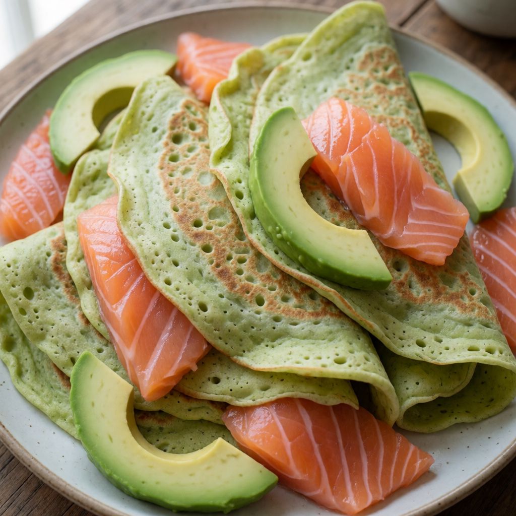 Pancakes with Spinach, Salmon and Avocado