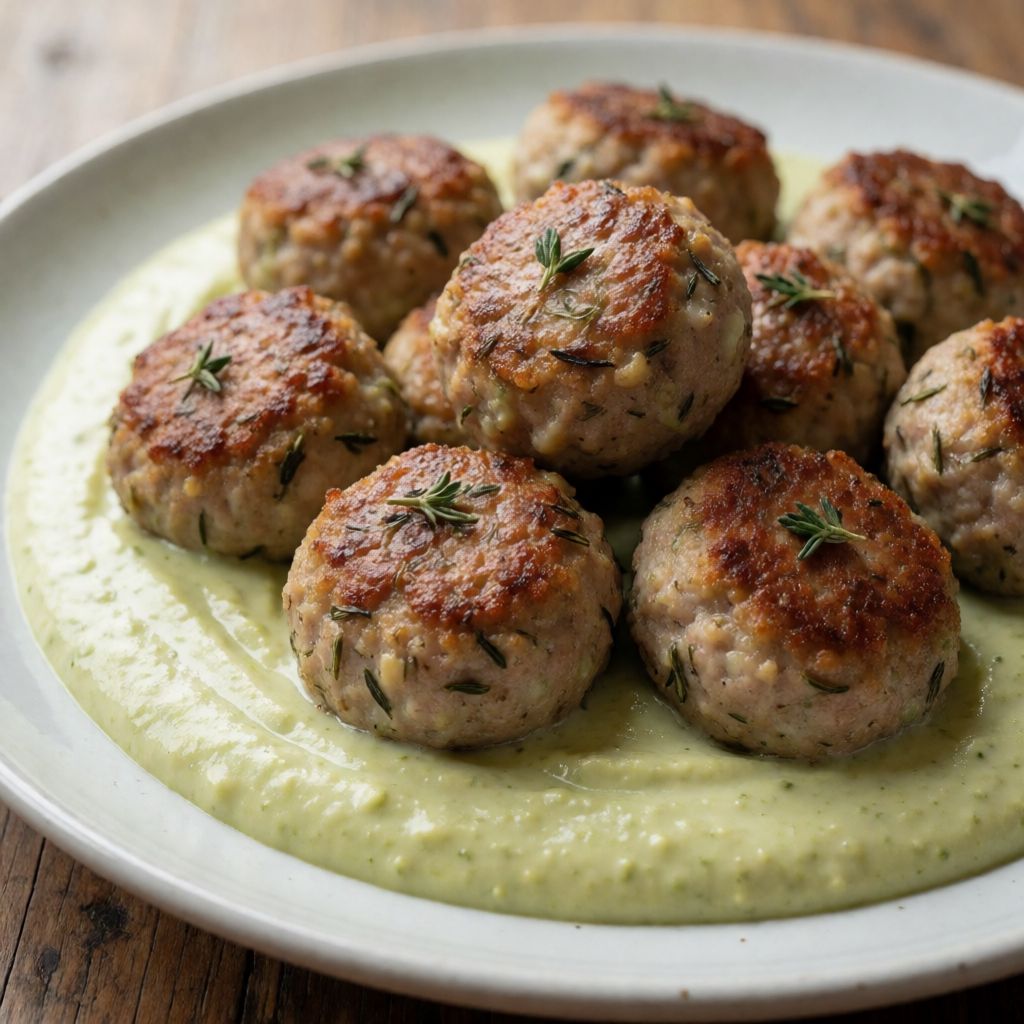 Rabbit Meatballs with Thyme on Asparagus Cream