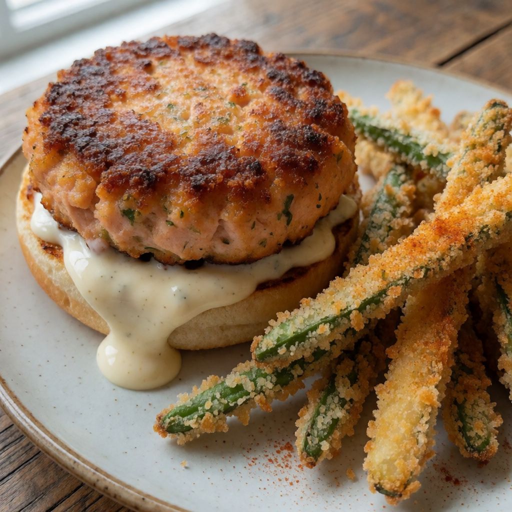 Asian Salmon Burger with Green Bean Fries