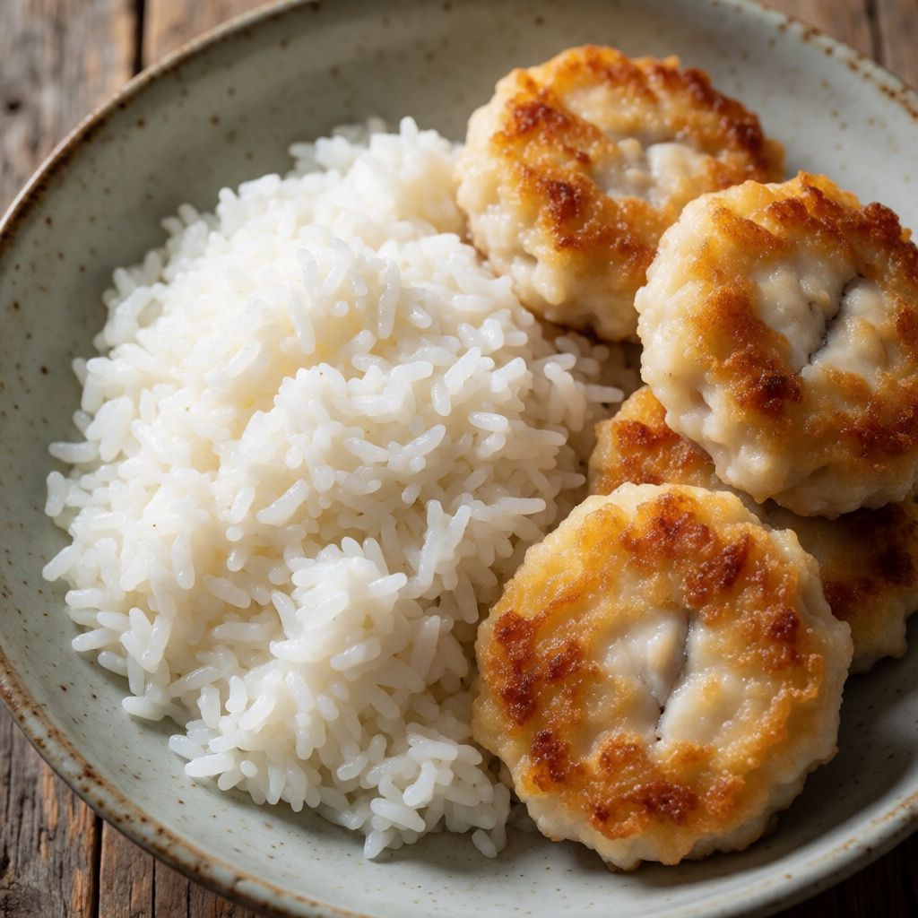 Fish Cakes in a Bowl with Coconut Rice, Asian Mayo and Vegetables