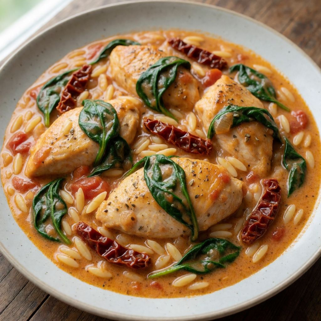 Chicken in Creamy Tomato Sauce with Orzo and Spinach