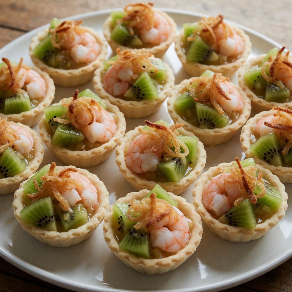 Shortcrust Tartlets with Kiwi, Prawns and Crispy Onion