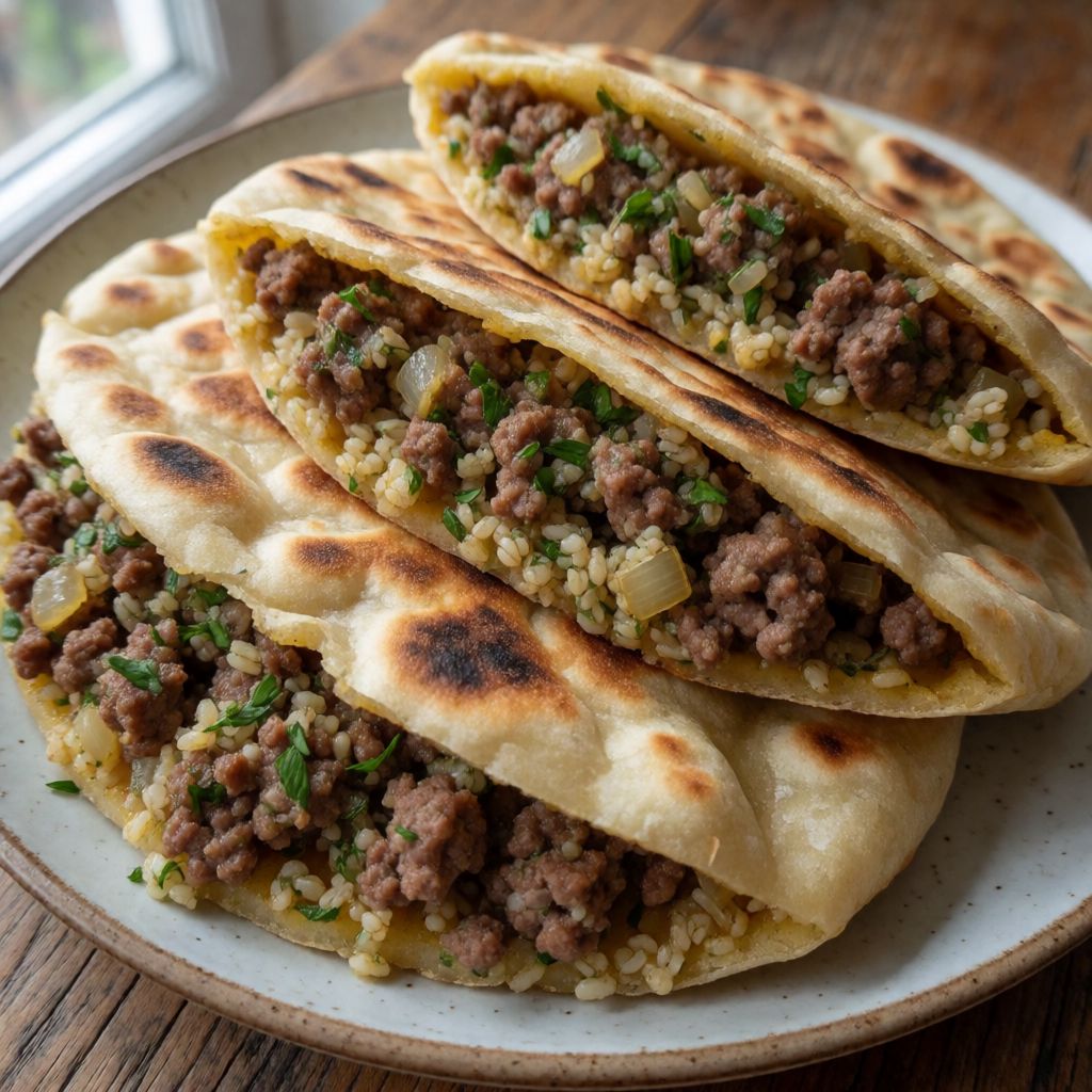 Pita farcida amb carn especiada i amanida de búlgur