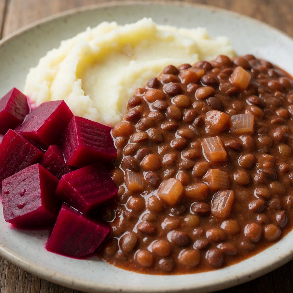Lentil Ragout with Mash and Pickled Beetroot