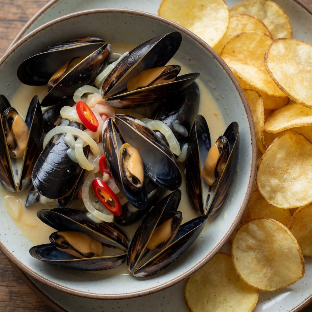 Mussels in Creamy Wine Sauce with Chips