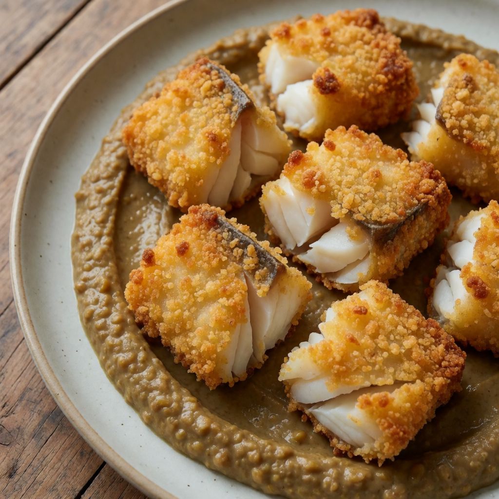 Fried Salted Cod with Lentil Cream