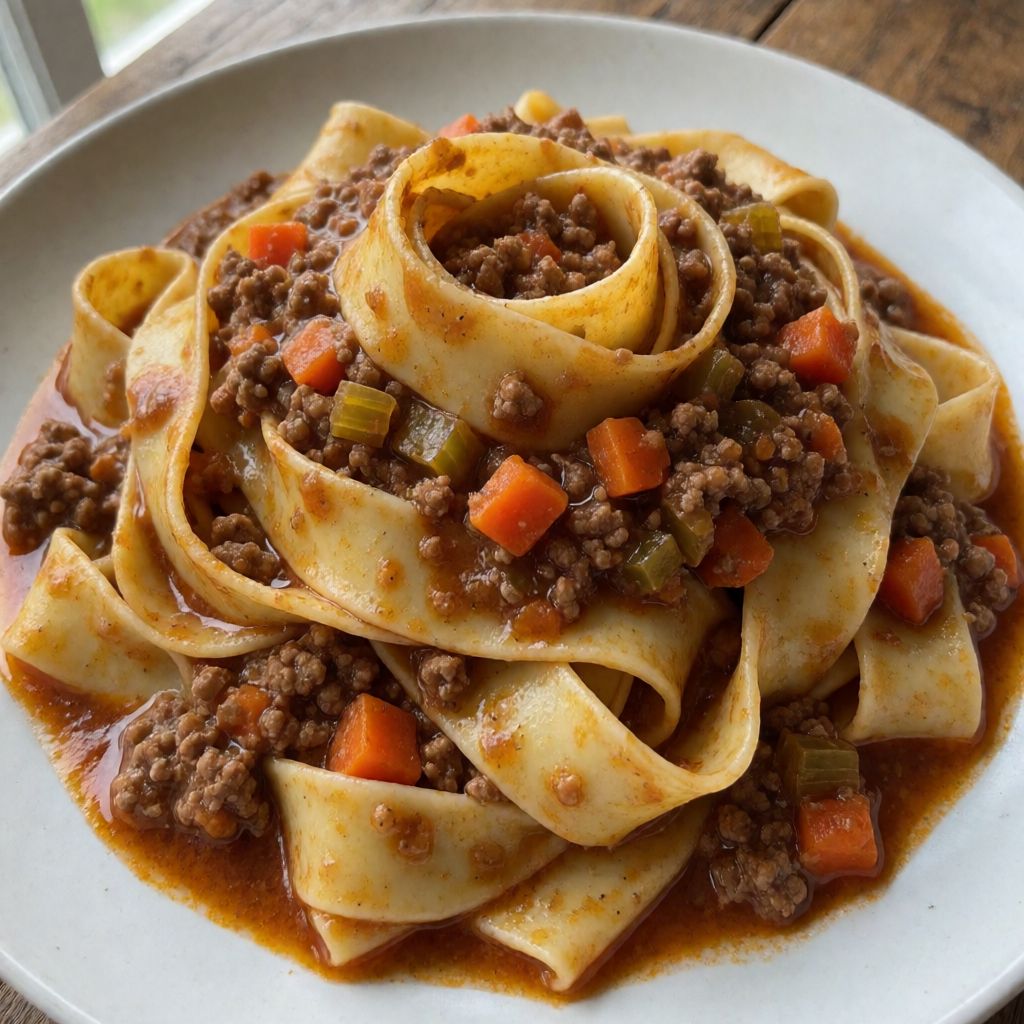Fesleğenli ve Baharatlı Kıymalı Pappardelle Ragusu