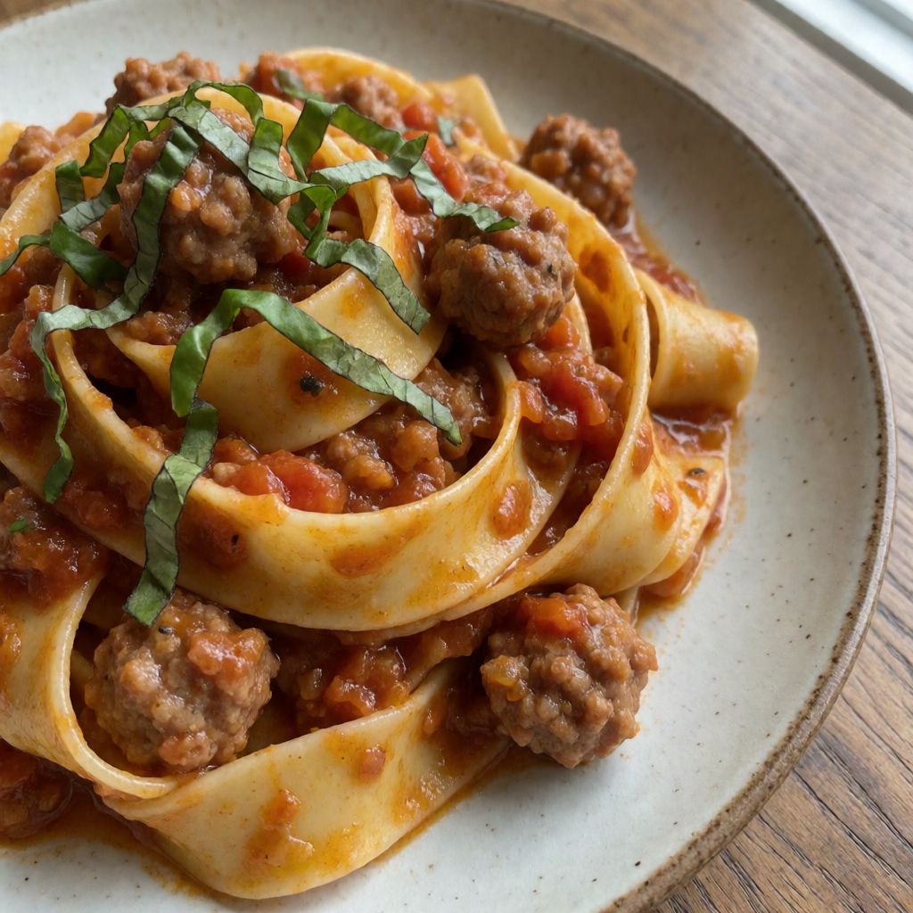 Pappardelle amb ragú de salsitxa i alfàbrega