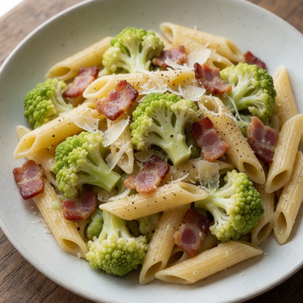 Penne z romanesco, boczkiem i pecorino