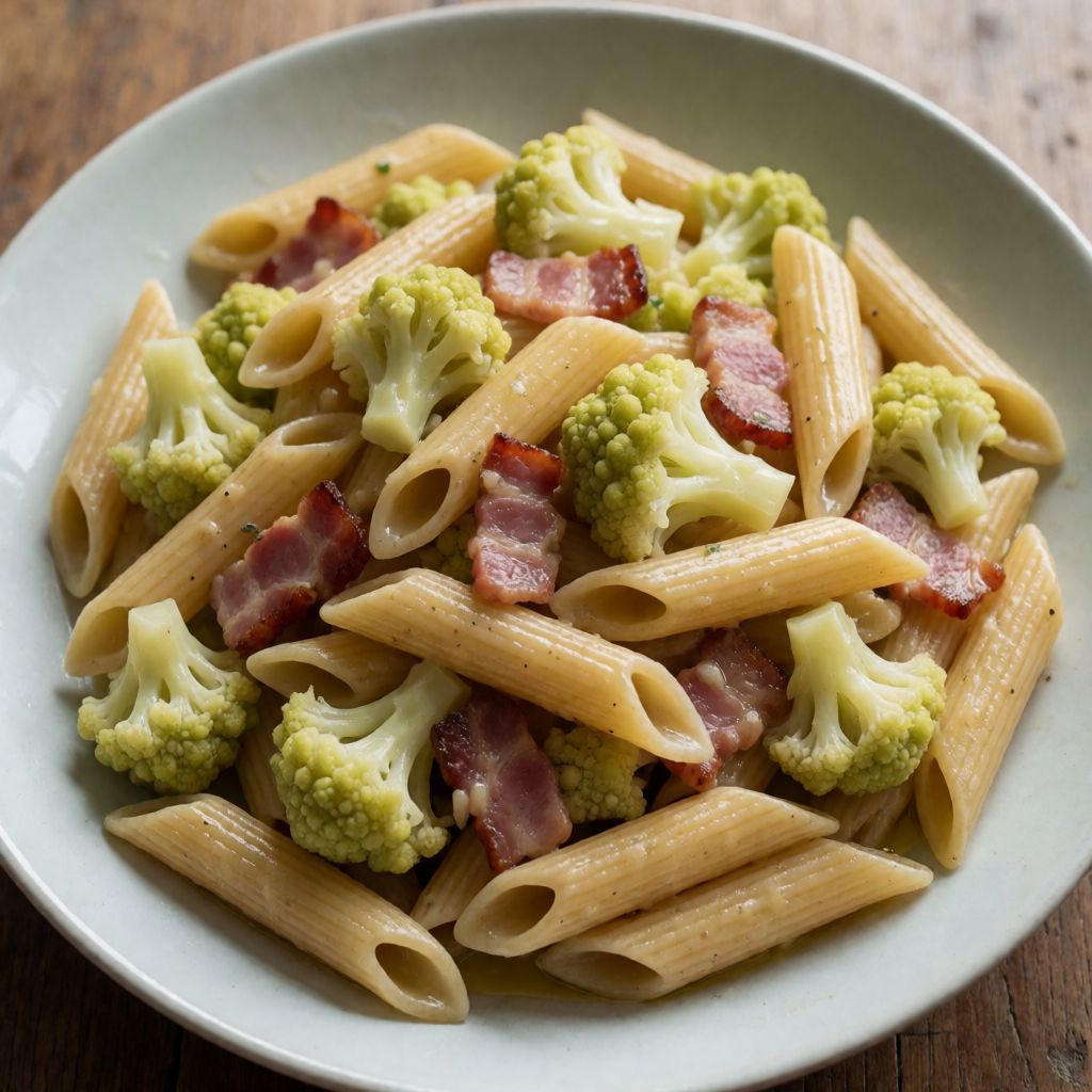 Penne amb romanesco, pancetta i pecorino