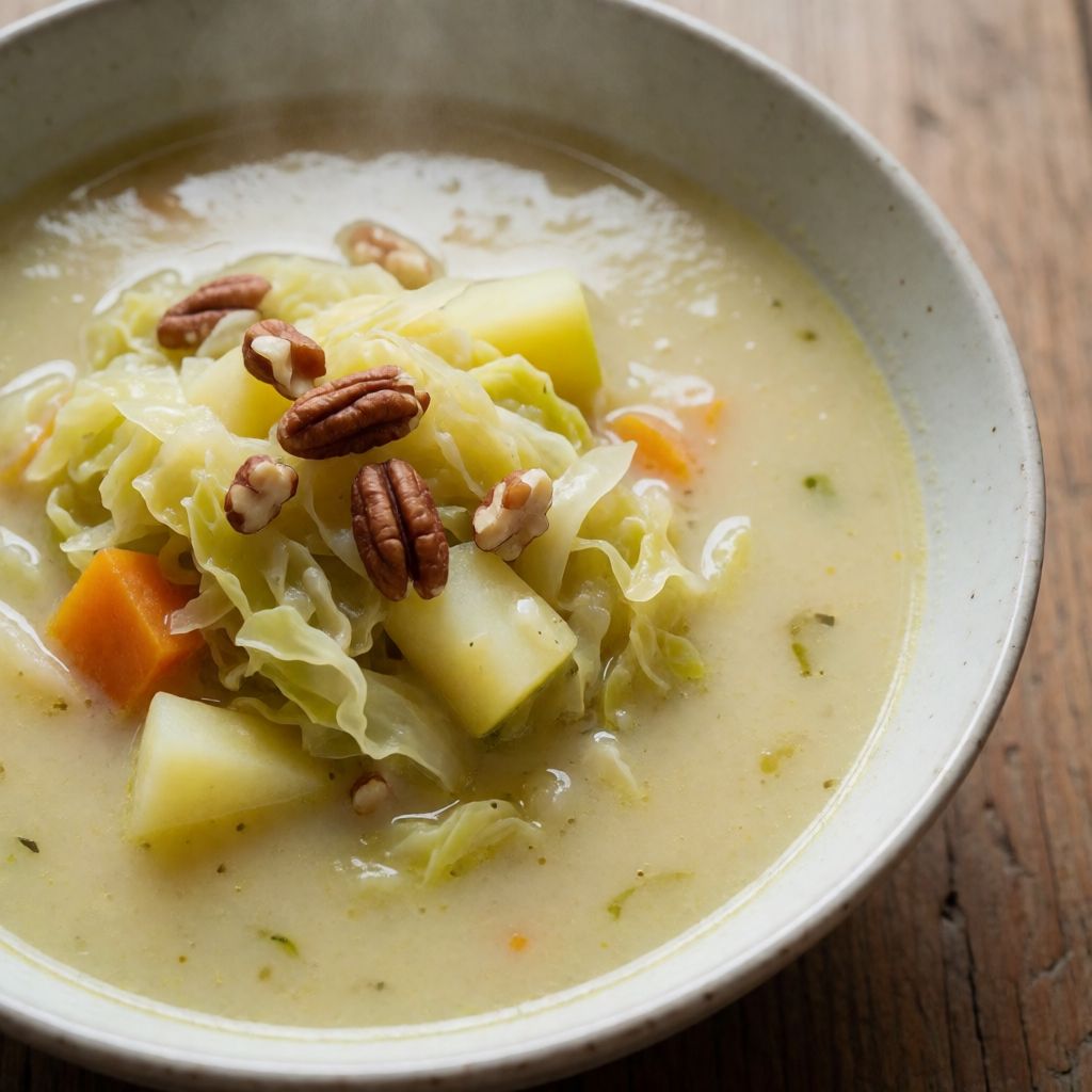 Cremige Weißkohlsuppe mit Apfel und Nüssen