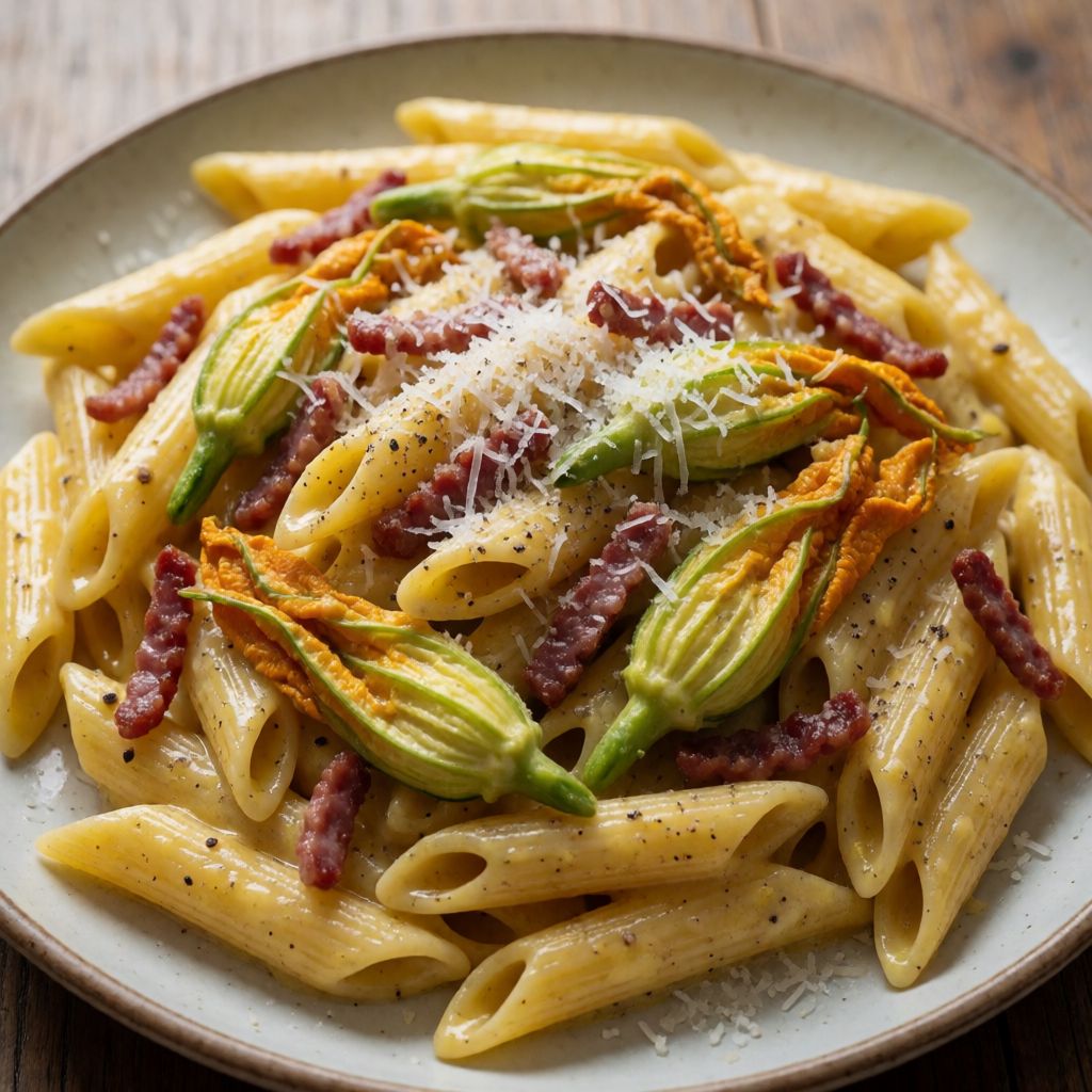 Пенне карбонара зі шпеком і квітами кабачка