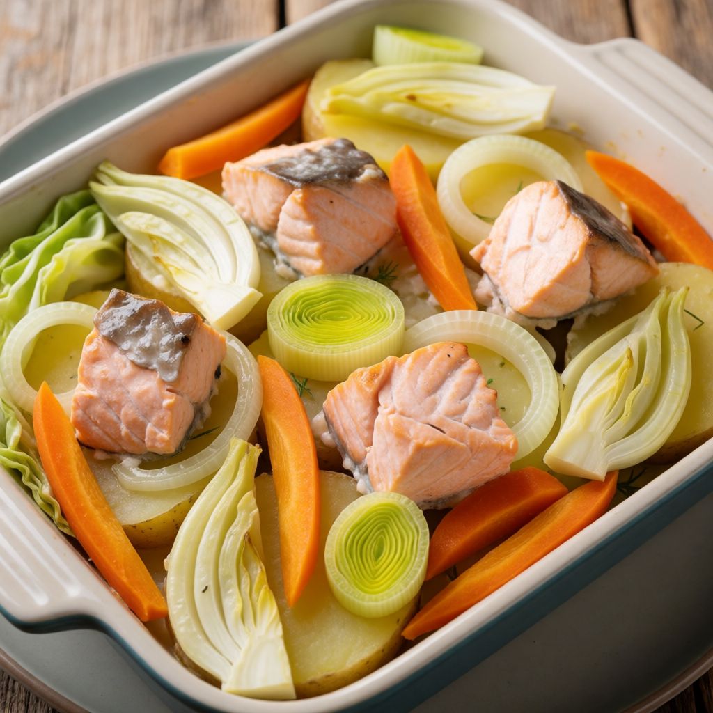 Лосось у формі з картоплею та овочами
