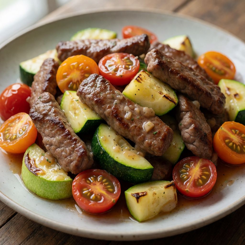 Яловичина смужками з кабачками та помідорами черрі