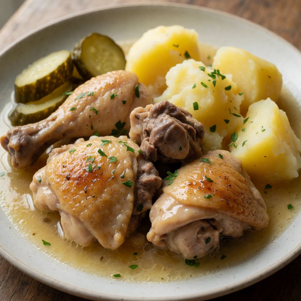 Тушкована курка з картоплею та маринованими огірками