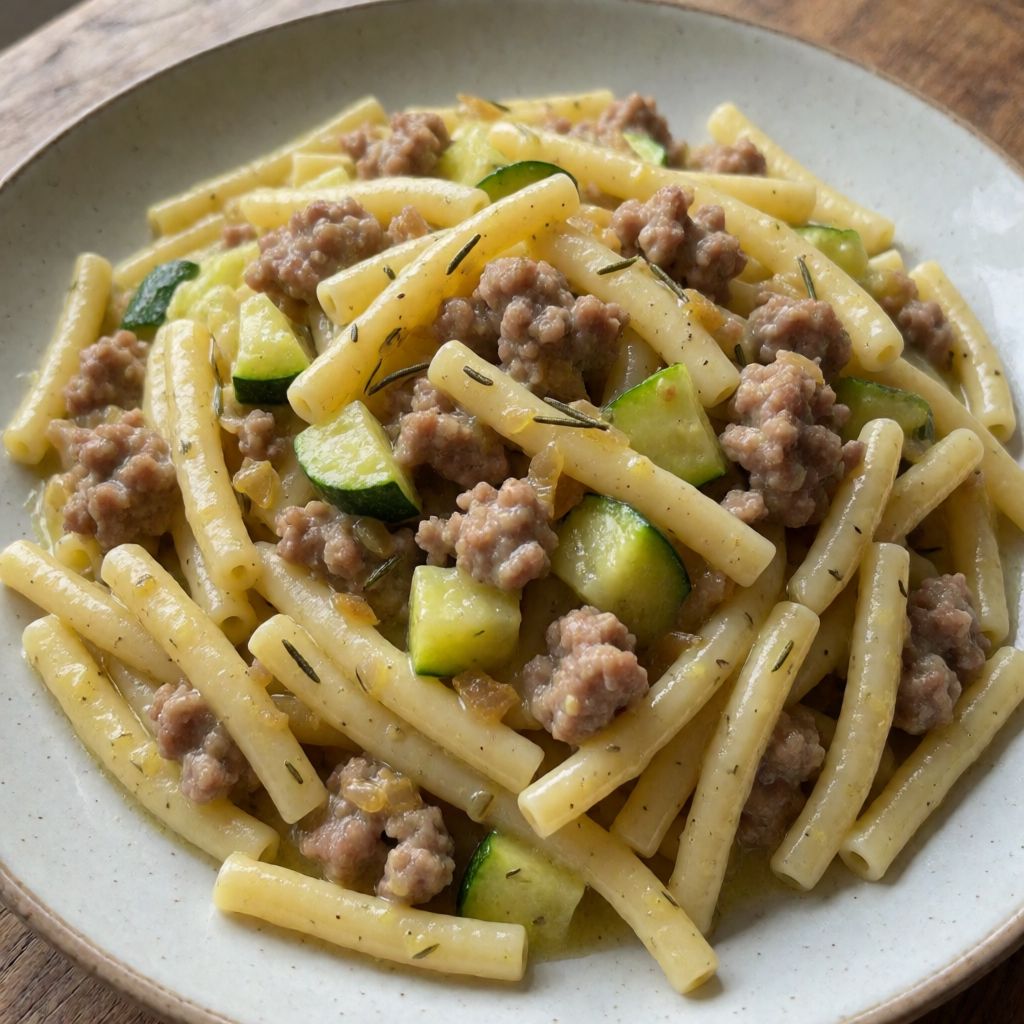 Паста з ковбаскою, кабачками та шафраном