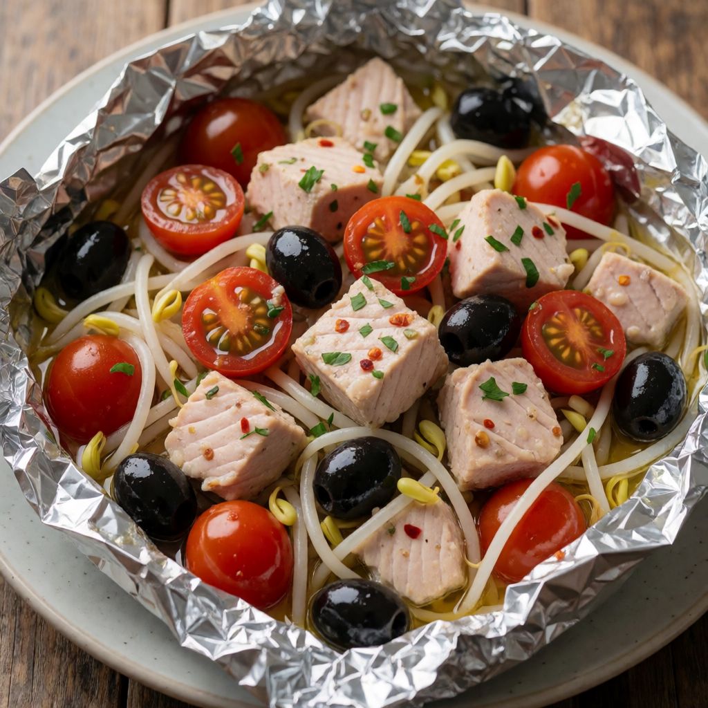 Тунець у фользі з овочами та оливками