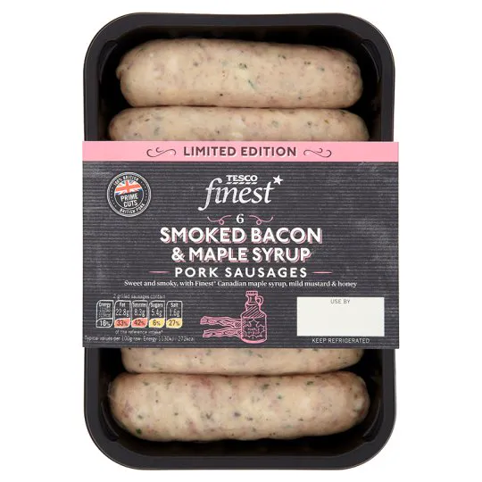 Tesco Finest Limited Edition 6 Smoked Bacon and Maple Sausages 400G
