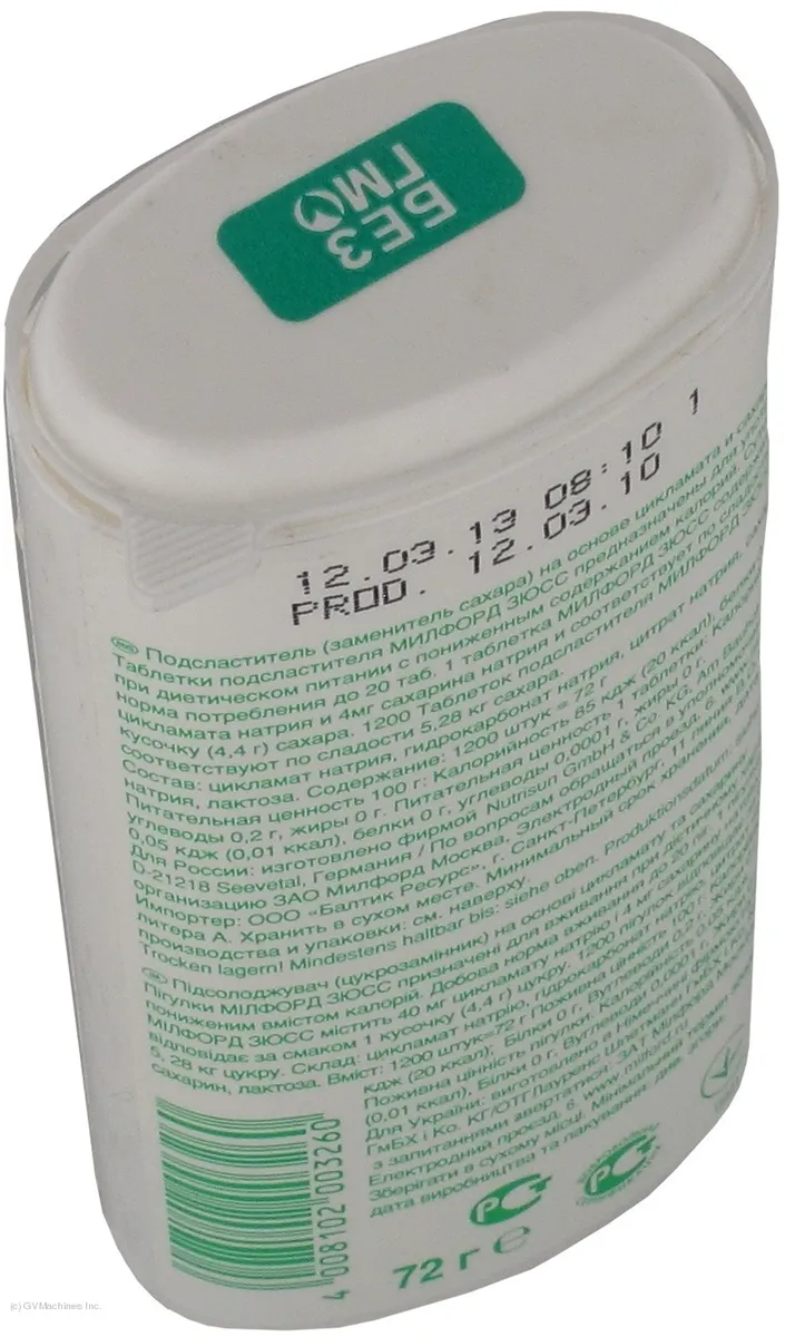 Milford Sweetener Tablets with Cyclamate and Saccharin 1200 pcs 72g