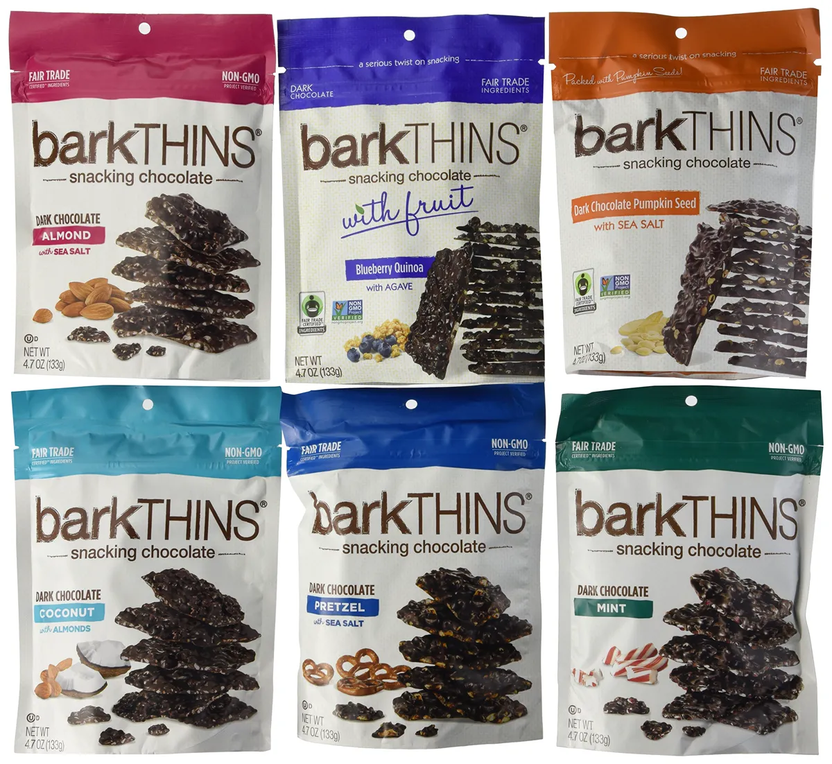 BarkTHINS Набір темного шоколаду з мигдалем, кокосом, чорницею, з кренделем, насінням гарбуза, 4.7 унції, 6 пакувань