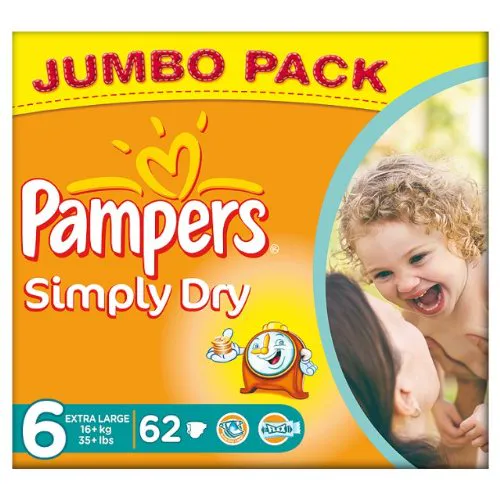 Pampers Simply Dry Size 6 (16+ kg) Jumbo Box Extra Large 62 pcs