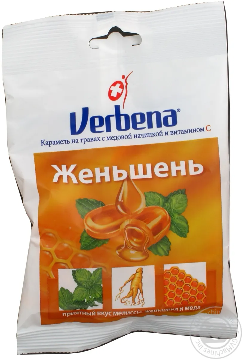 Льодяники Verbena Женьшень на травах з медовою начинкою та вітаміном С 60г