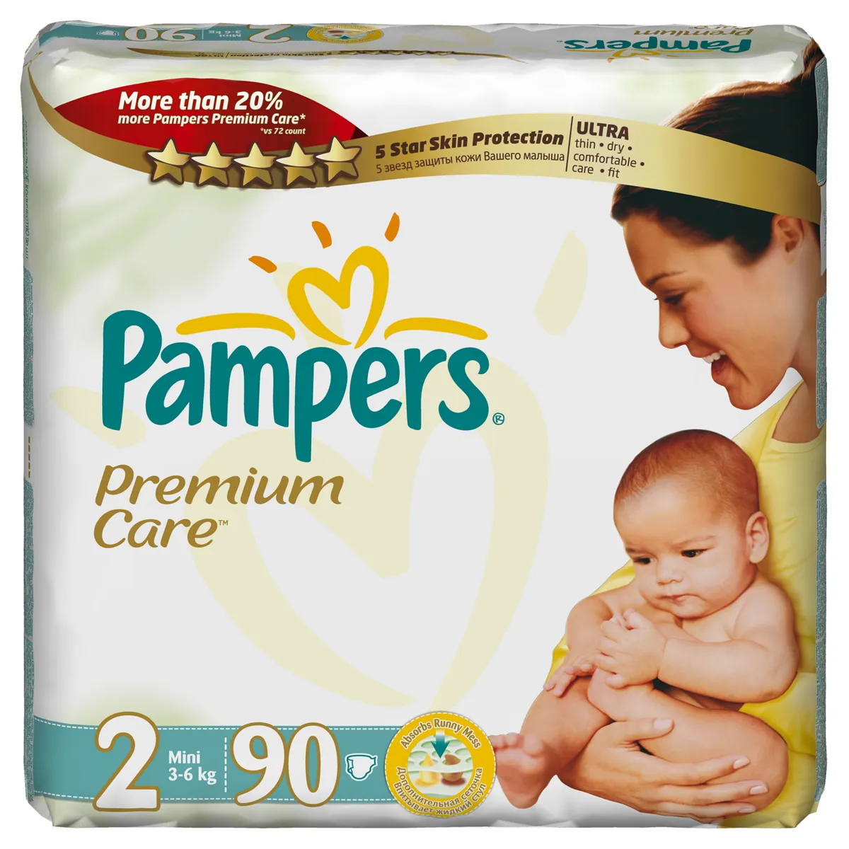 Unisex Baby Diapers Premium Care N2 Mini 3-6kg Carton Pack 90pcs