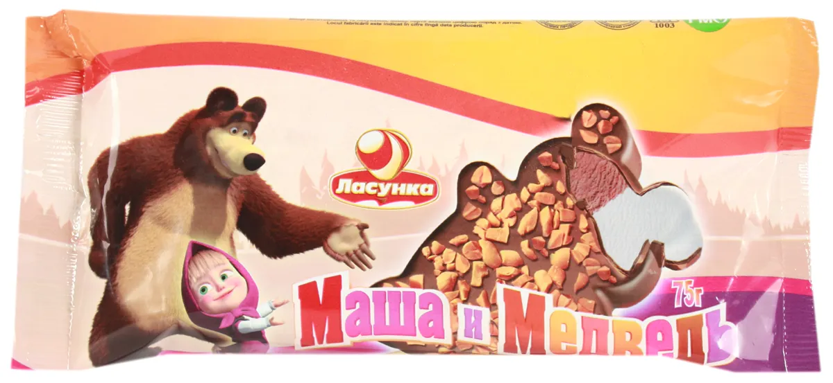 Lasunka Masha and the Bear Cocoa and Vanilla Ice Cream in Confectionery Glaze with Peanuts 3.3% 75g