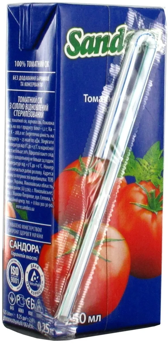 Sandora Tomato Juice with Salt and Pulp, Reconstituted, Sterilized, Homogenized, Tetrapak 250ml