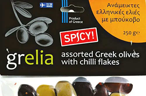 Grelia Асорті грецьких оливок з чилі пластівцями 250 г вакуумні