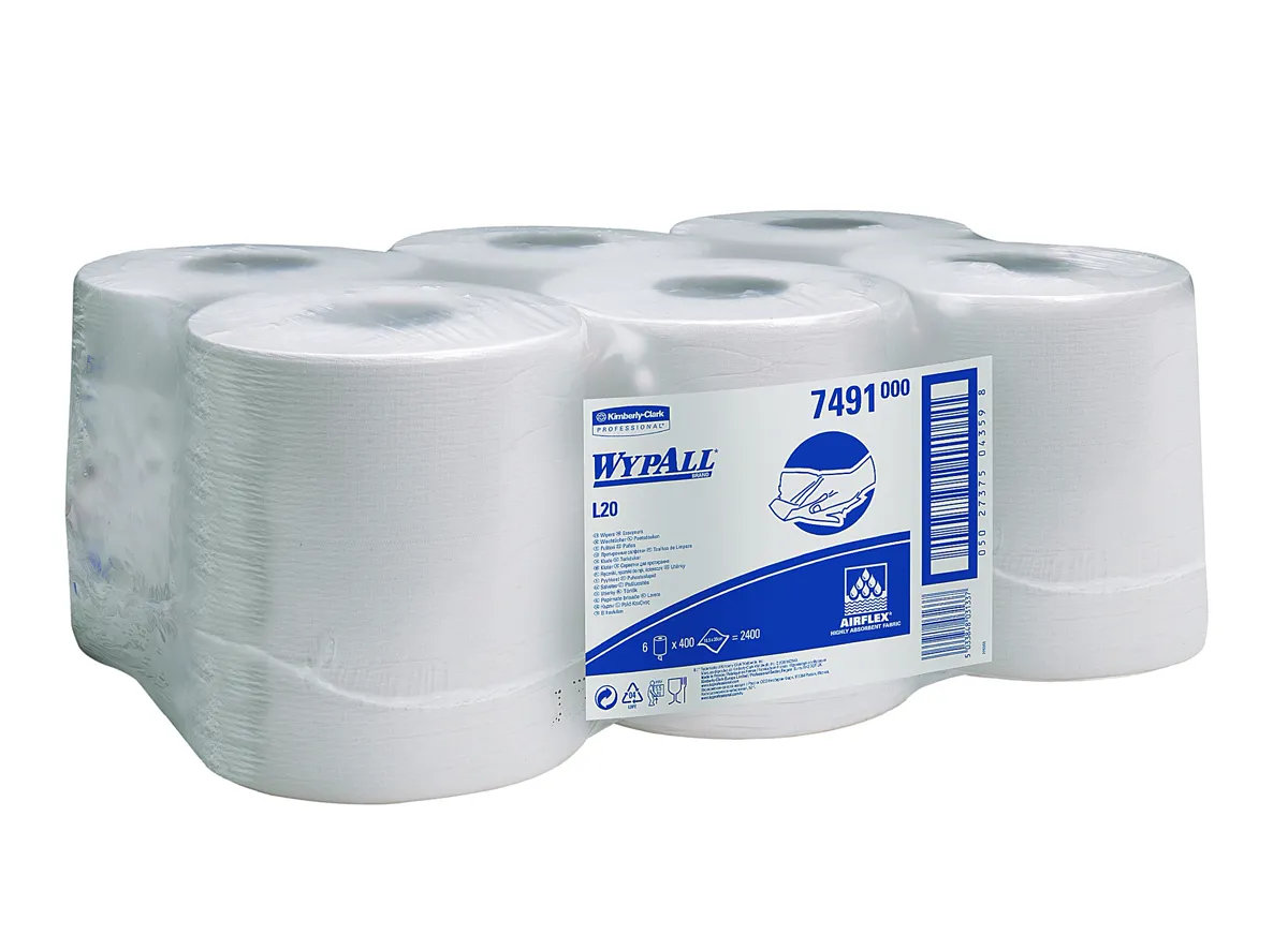 Wypall +7491 L20 Серветки склоочисні, Airflex, 1-шарові, Centrefeed, 400 аркушів, білі (6 пакунків)