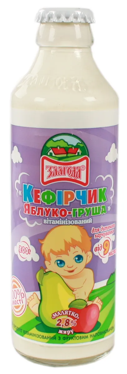 Zlahoda Kefir Product Kefirchyk Apple-Pear Vitaminized for Children from 9 Months 2.8% Glass Bottle 200g