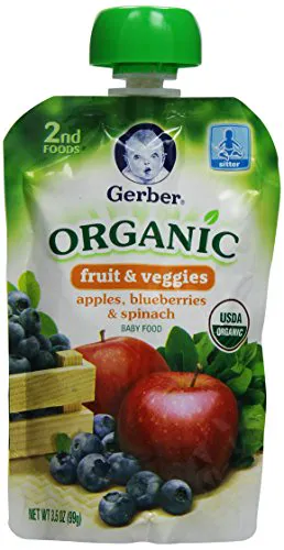 Gerber Foods Organic 2nd Puree - Apples Blueberry and Spinach - 3.5 oz - 6 pcs