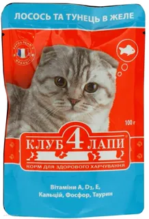 Корм для дорослих котів Klub 4 Lapы з лососем та тунцем 100г — фото 2