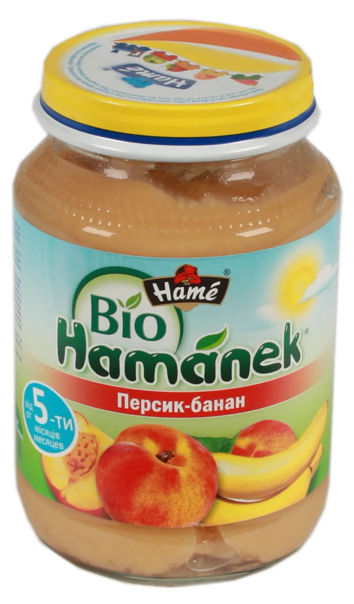 Фруктове пюре Khamanek Персик-Банан для дітей з 5 місяців, скляна банка 190 г