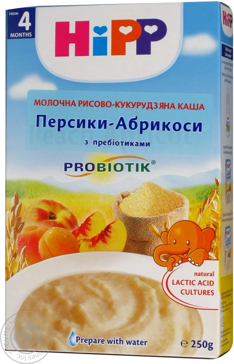 Каша дитяча Hipp молочна рисово-кукурудзяна з персиком та абрикосом, з пребіотиками, з 4 місяців, 250 г