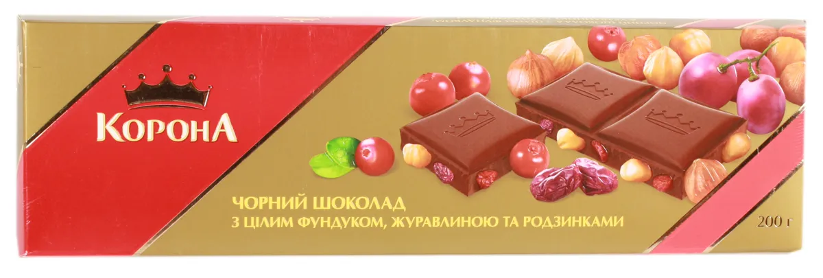 Korona dark chocolate with whole hazelnuts, cranberries and raisins 200g
