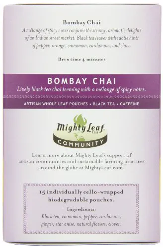 Mighty Leaf Tea, Чай Бомбей, 15 пакетиків цілолистового чаю (3 упак.)