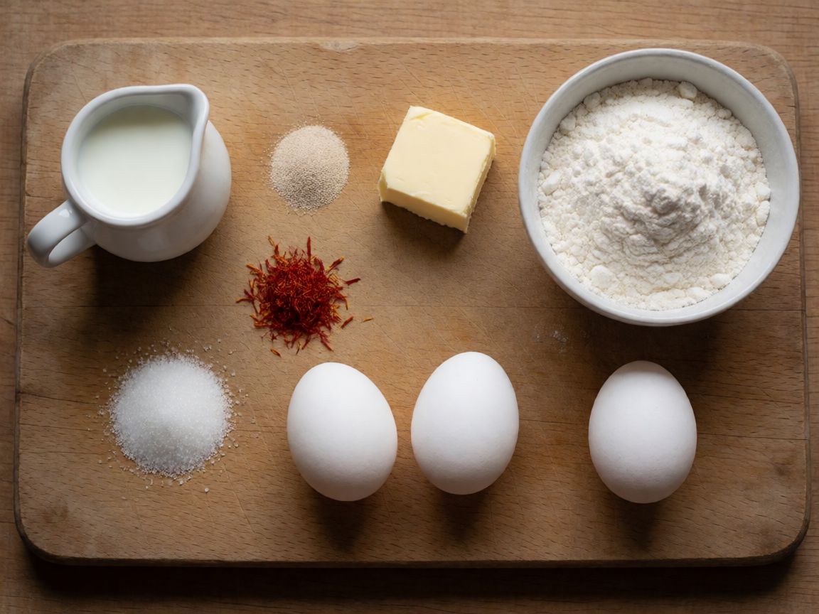 Saffron Buns — ingredients: Milk, Yeast, Butter, Saffron, Caster sugar, Eggs