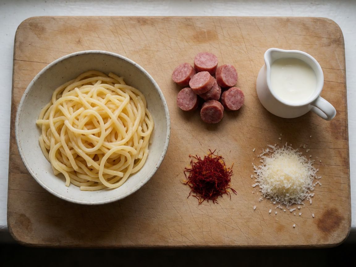 Паста по-монцанськи — інгредієнти: коротка паста, Ковбаса, Вершки, Шафран, Пармезан, Сіль