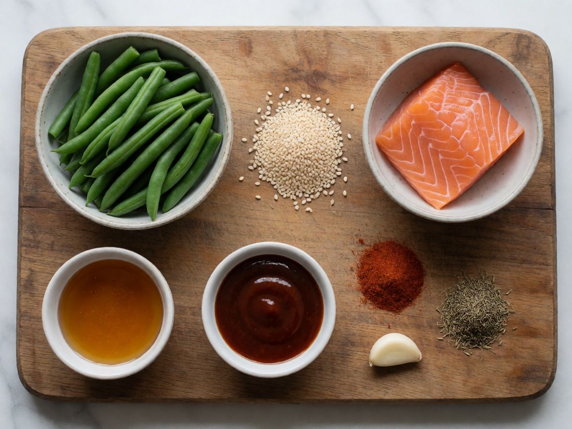 BBQ Salmon with Garlic Rice and Green Beans — ingredients: Green beans, Sesame seeds, Salmon, Olive oil, Honey, BBQ sauce